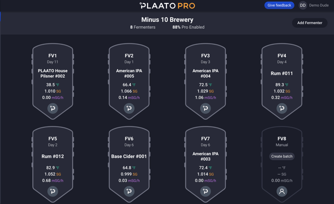 A screenshot of the PLAATO Pro app dashboard, displaying eight fermenters.